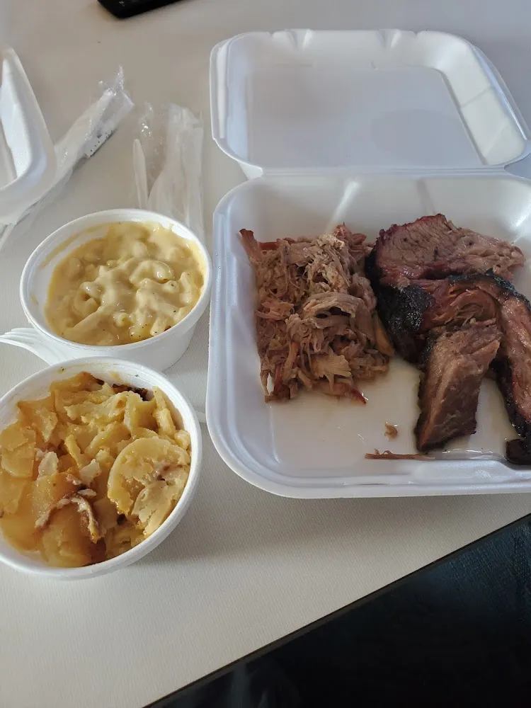 Bourbon Pulled Pork Brisket Mac and Cheese Au Gratin Potatoes